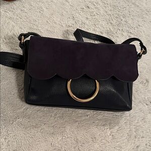 LC Lauren Conrad Black Crossbody with Dark Purple Scalloped Flap and Gold Ring